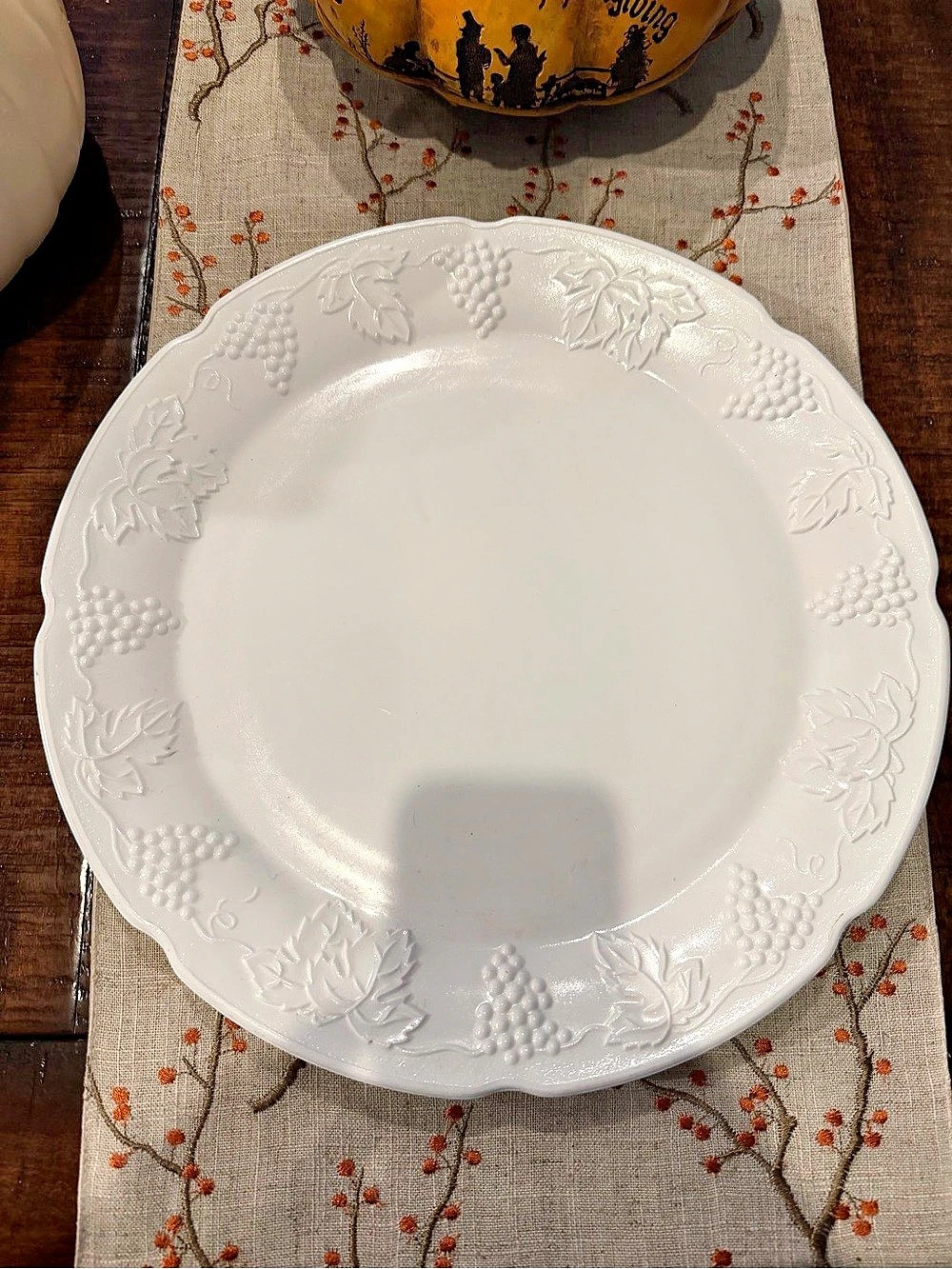 White Embossed Leaf and Grape Milk Glass Serving Platter 13”